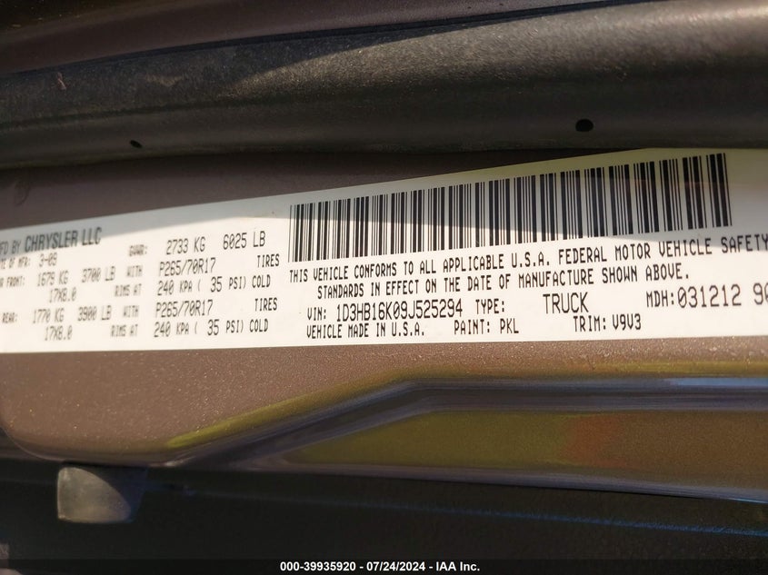 2009 Dodge Ram 1500 St VIN: 1D3HB16K09J525294 Lot: 39935920