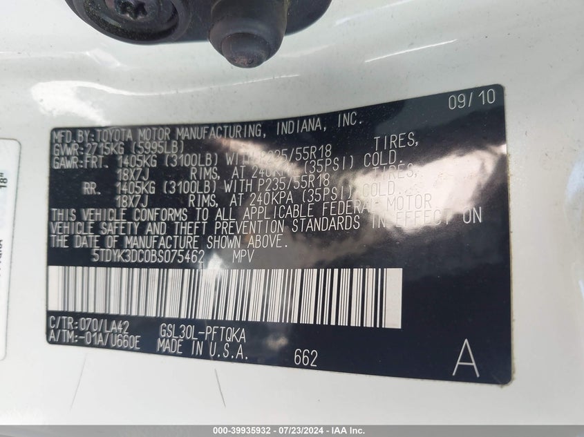 2011 Toyota Sienna Limited V6 VIN: 5TDYK3DC0BS075462 Lot: 39935932