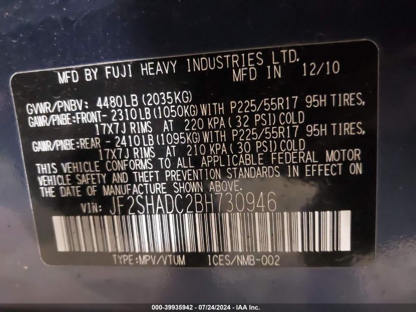 2011 Subaru Forester 2.5X Premium VIN: JF2SHADC2BH730946 Lot: 39935942