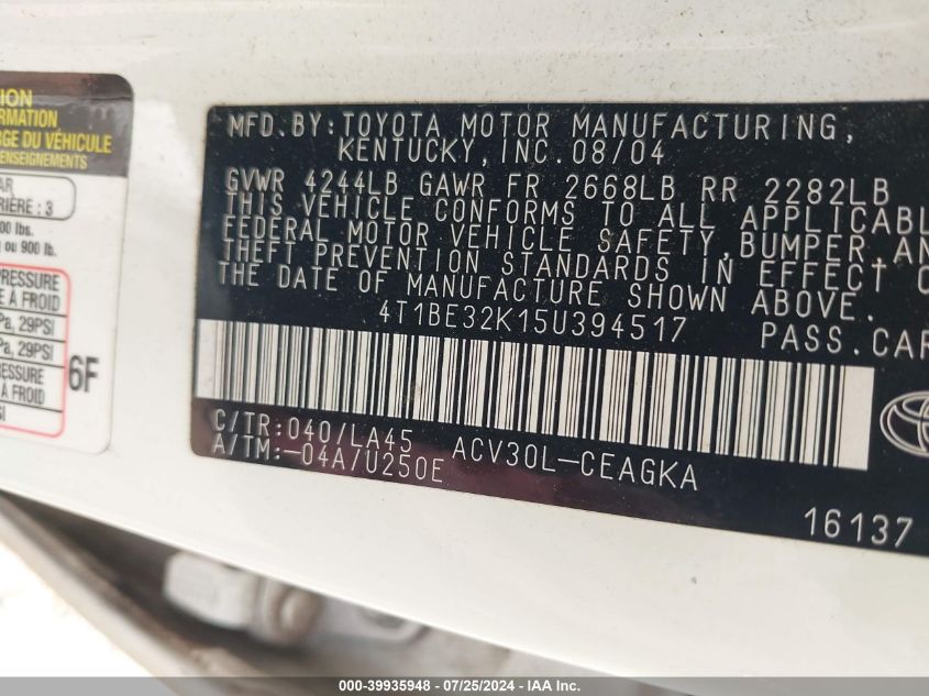 2005 Toyota Camry Xle VIN: 4T1BE32K15U394517 Lot: 39935948