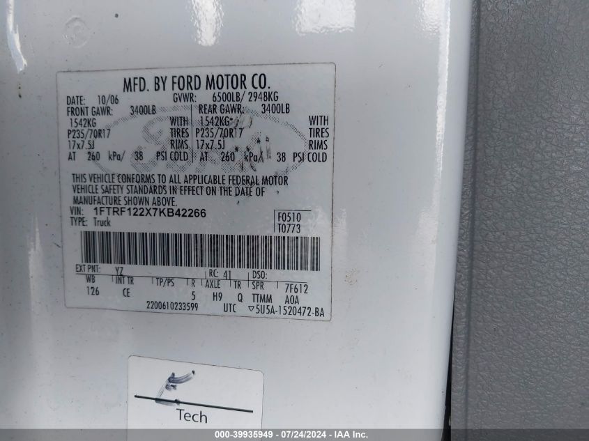 2007 Ford F-150 Stx/Xl/Xlt VIN: 1FTRF122X7KB42266 Lot: 39935949