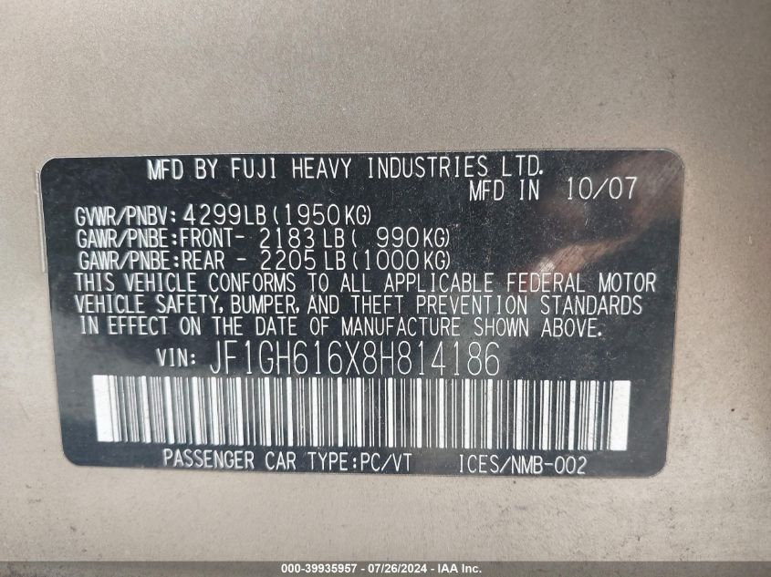 2008 Subaru Impreza 2.5I VIN: JF1GH616X8H814186 Lot: 39935957