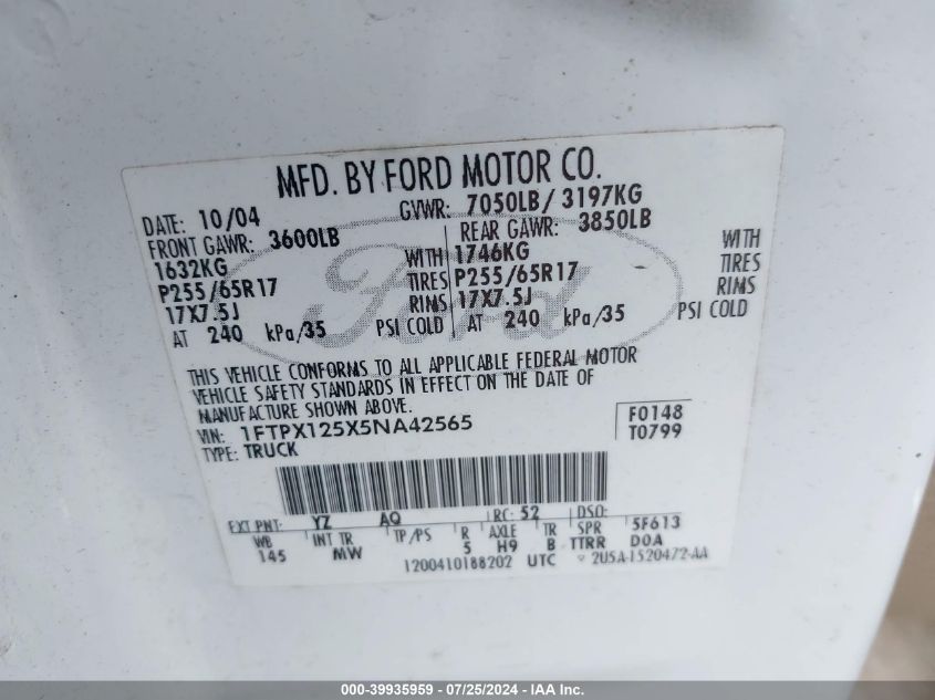 2005 Ford F-150 Lariat/Xl/Xlt VIN: 1FTPX125X5NA42565 Lot: 39935959