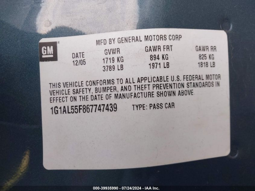2006 Chevrolet Cobalt Lt VIN: 1G1AL55F867747439 Lot: 39935990
