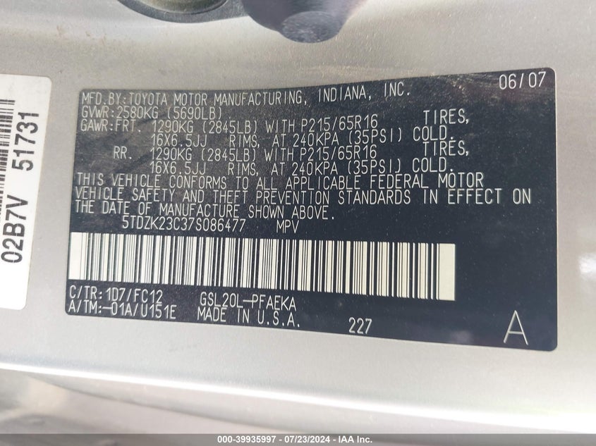 2007 Toyota Sienna Le VIN: 5TDZK23C37S086477 Lot: 39935997