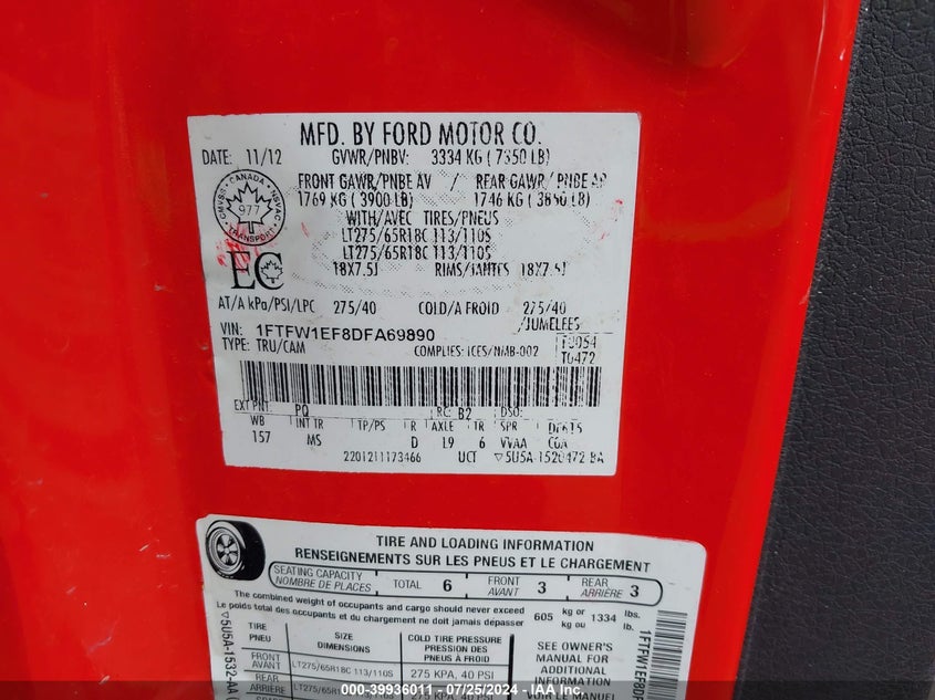 2013 Ford F-150 Xlt VIN: 1FTFW1EF8DFA69890 Lot: 39936011