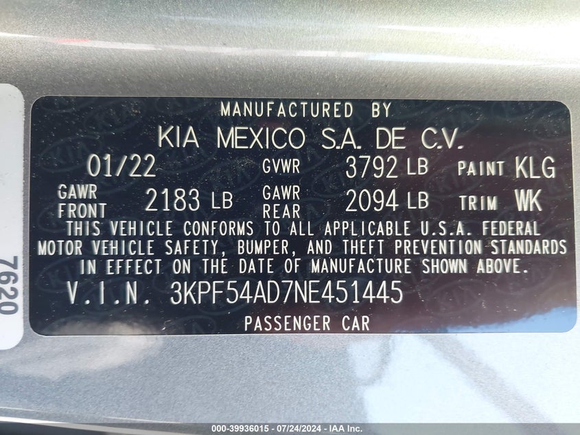 VIN 3KPF54AD7NE451445 2022 KIA FORTE GT LINE