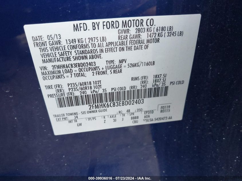 2014 Ford Flex Sel VIN: 2FMHK6C83EBD02403 Lot: 39936016