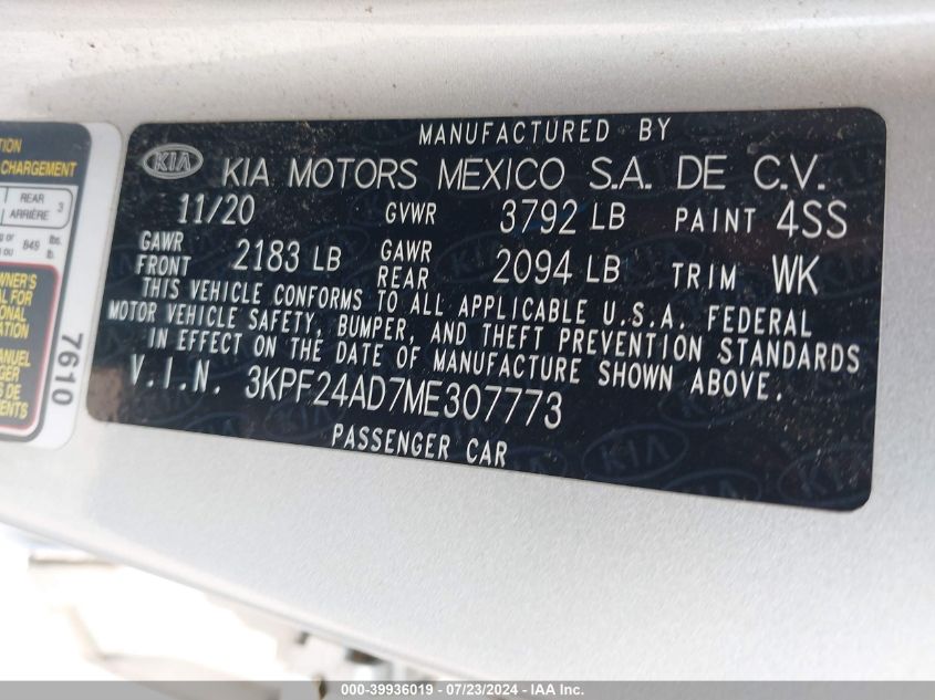 2021 Kia Forte Lxs VIN: 3KPF24AD7ME307773 Lot: 39936019