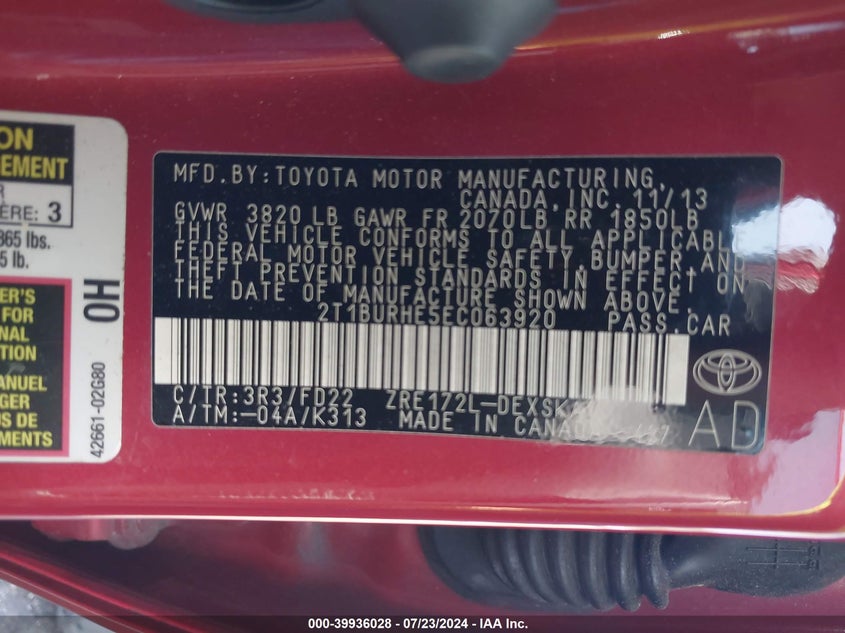 2T1BURHE5EC063920 2014 Toyota Corolla S Plus