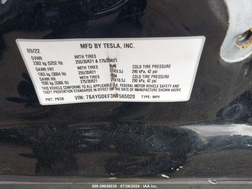 2022 Tesla Model Y Performance Dual Motor All-Wheel Drive VIN: 7SAYGDEF3NF565020 Lot: 39936038