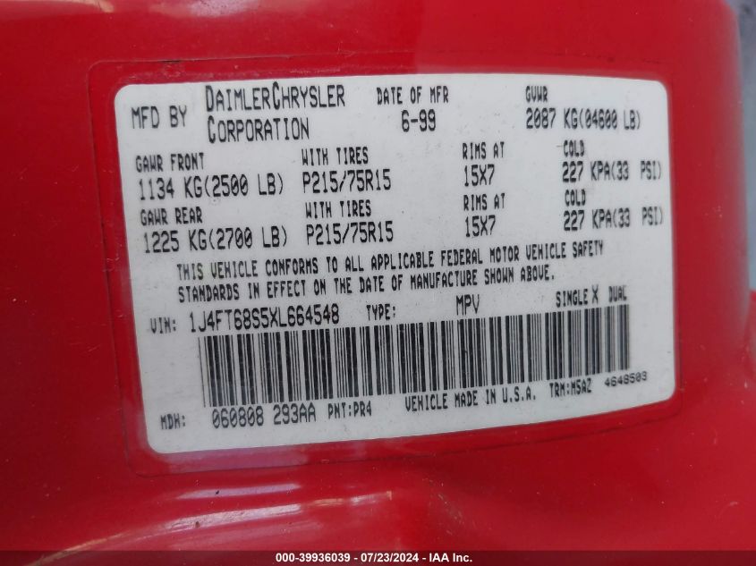 1999 Jeep Cherokee Classic/Sport VIN: 1J4FT68S5XL664548 Lot: 39936039