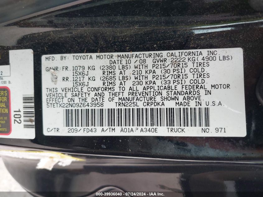 2009 Toyota Tacoma Access Cab VIN: 5TETX22N09Z643958 Lot: 39936040