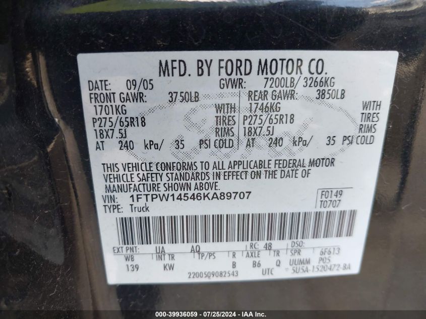 2006 Ford F-150 Fx4/Lariat/Xlt VIN: 1FTPW14546KA89707 Lot: 39936059