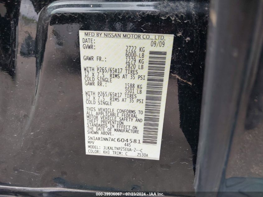 2010 Nissan Pathfinder Se VIN: 5N1AR1NN7AC604581 Lot: 39936067