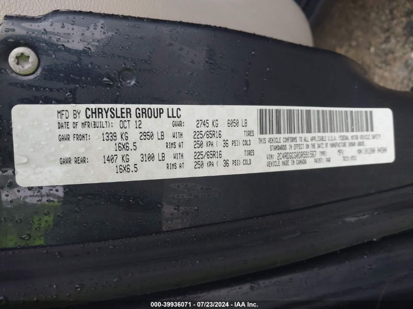 2013 Dodge Grand Caravan Sxt VIN: 2C4RDGCG0DR591567 Lot: 39936071