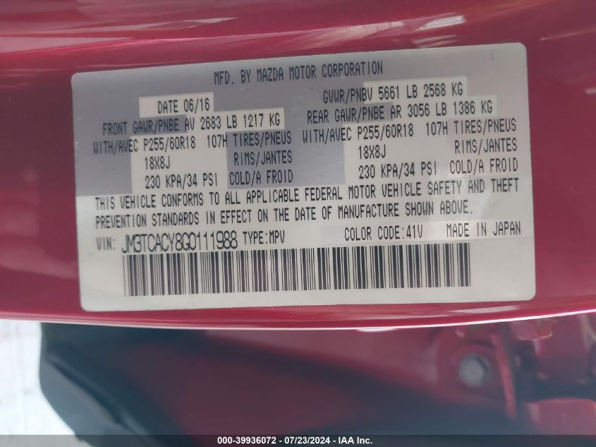 2016 Mazda Cx-9 Touring VIN: JM3TCACY8G0111988 Lot: 39936072