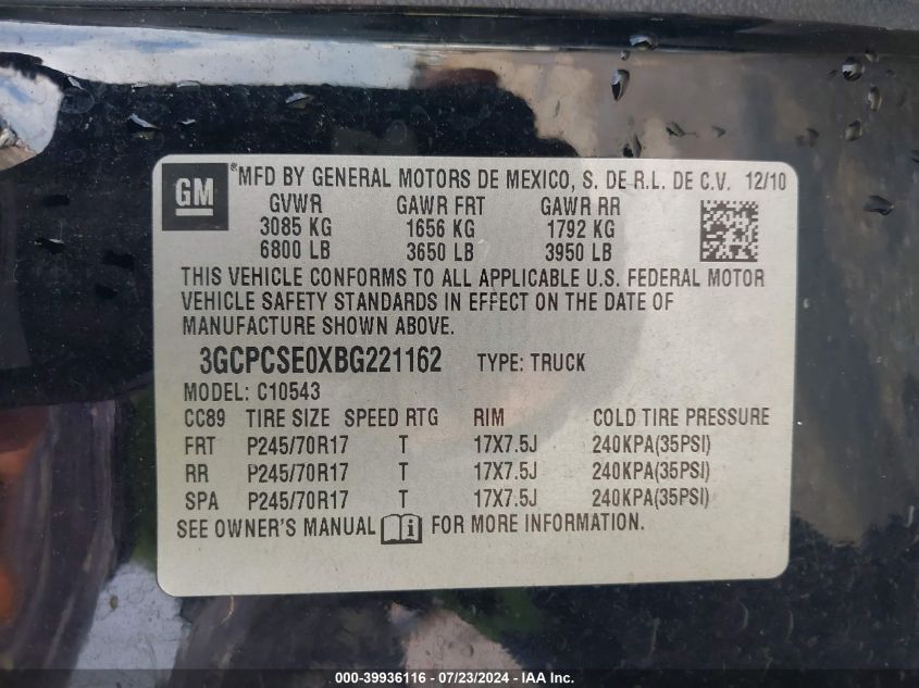 2011 Chevrolet Silverado 1500 Lt VIN: 3GCPCSE0XBG221162 Lot: 39936116