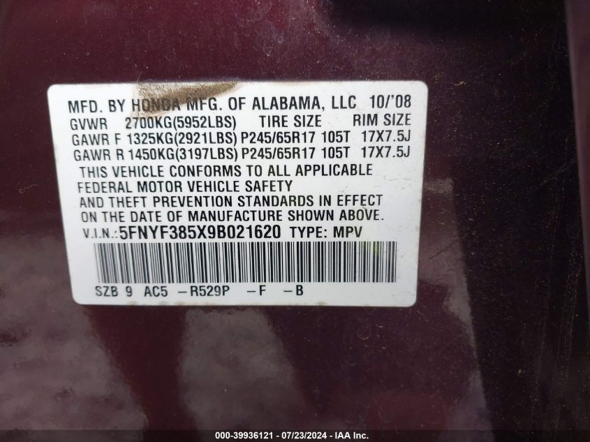 2009 Honda Pilot Ex-L VIN: 5FNYF385X9B021620 Lot: 39936121