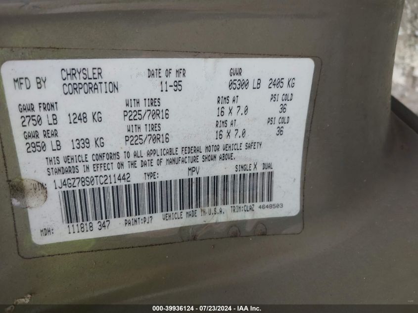 1996 Jeep Grand Cherokee Limited VIN: 1J4GZ78S0TC211442 Lot: 39936124