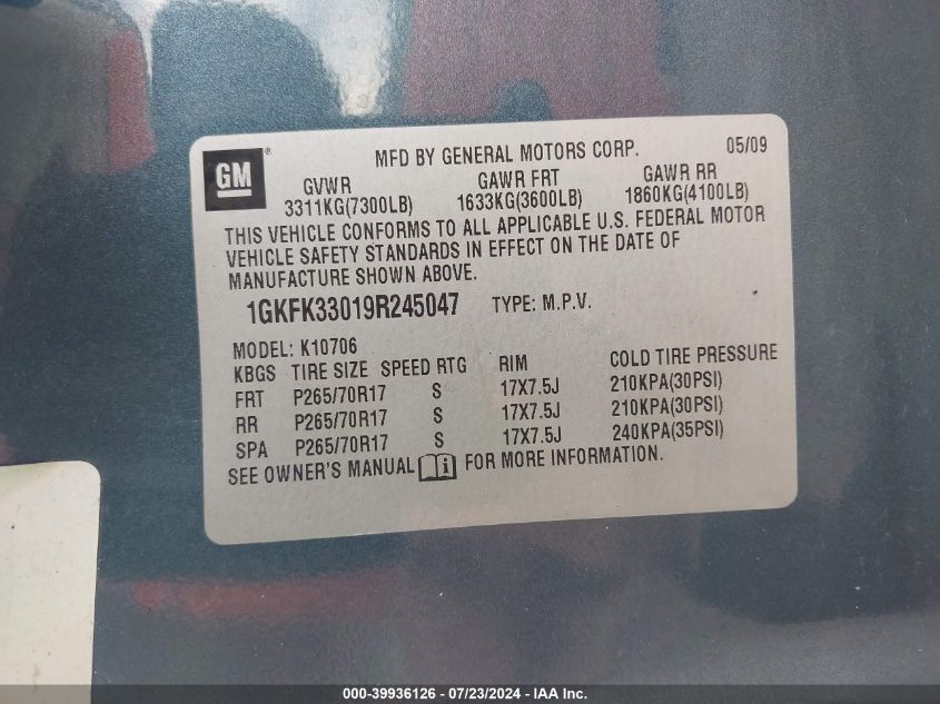 2009 GMC Yukon Slt2 VIN: 1GKFK33019R245047 Lot: 39936126