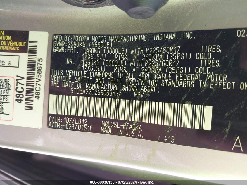 2006 Toyota Sienna Xle Limited VIN: 5TDBA22C26S063437 Lot: 39936130