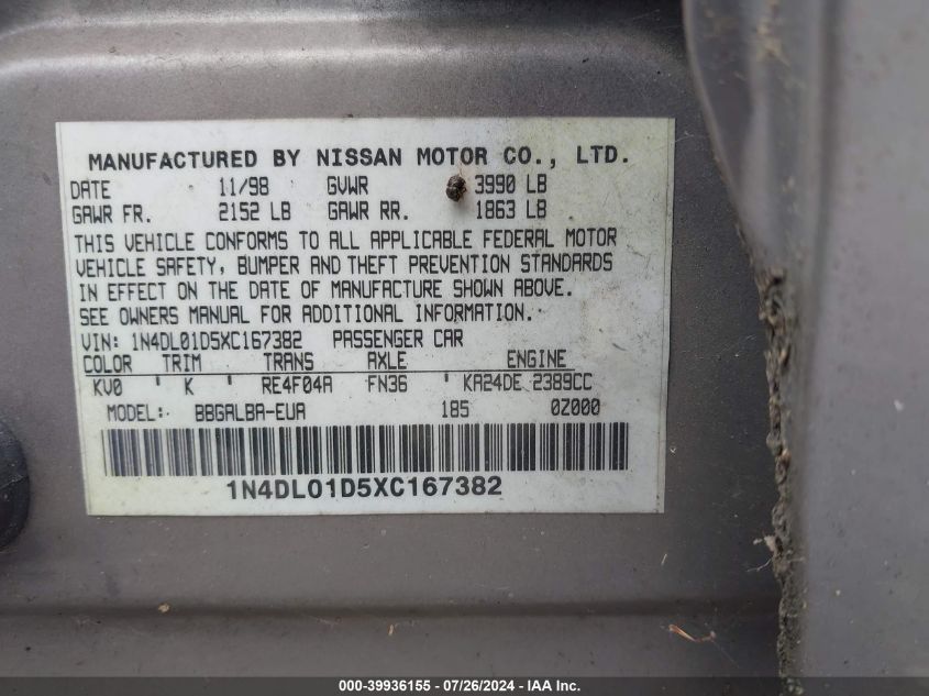 1999 Nissan Altima Gle/Gxe/Se/Se-L/Xe VIN: 1N4DL01D5XC167382 Lot: 39936155