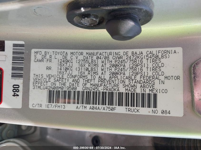 2008 Toyota Tacoma Base V6 VIN: 3TMLU42N08M019500 Lot: 39936169