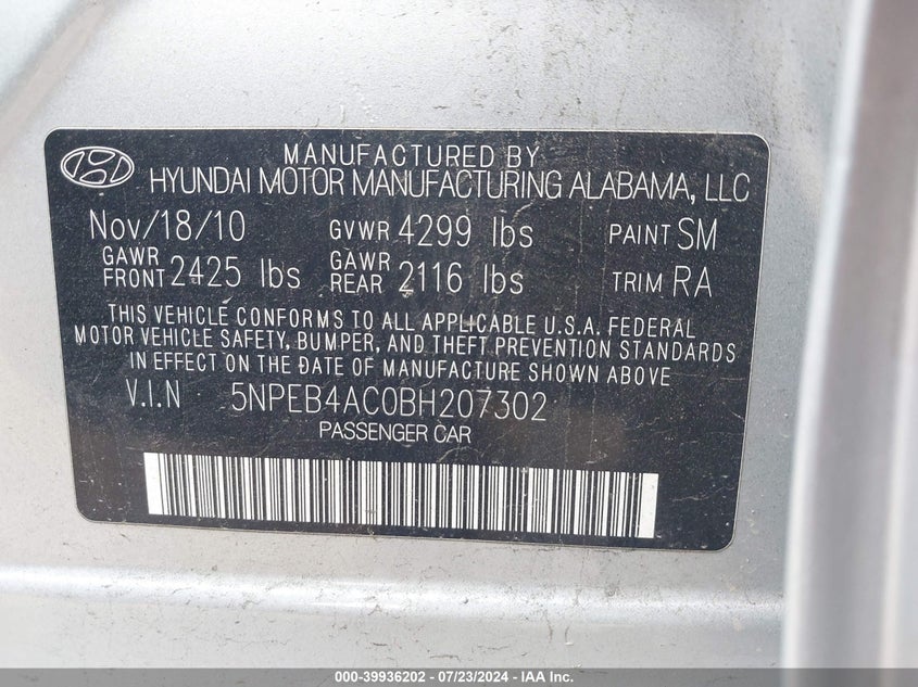 2011 Hyundai Sonata Gls VIN: 5NPEB4AC0BH207302 Lot: 39936202