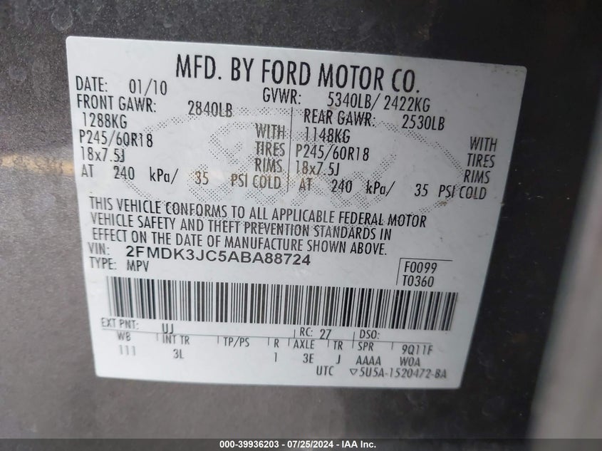 2010 Ford Edge Sel VIN: 2FMDK3JC5ABA88724 Lot: 39936203