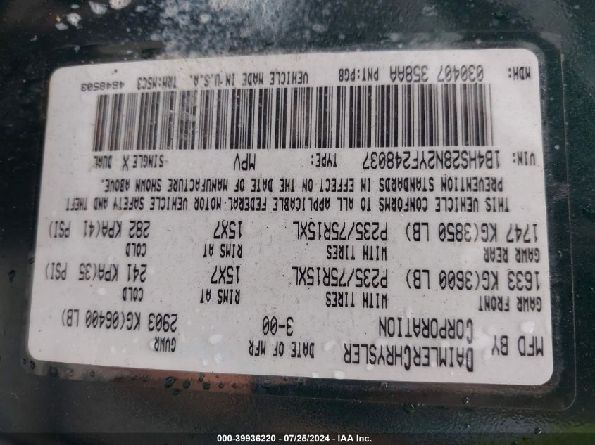 2000 Dodge Durango VIN: 1B4HS28N2YF248037 Lot: 39936220