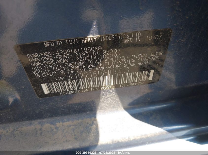 2008 Subaru Impreza 2.5I VIN: JF1GH61618H815453 Lot: 39936226