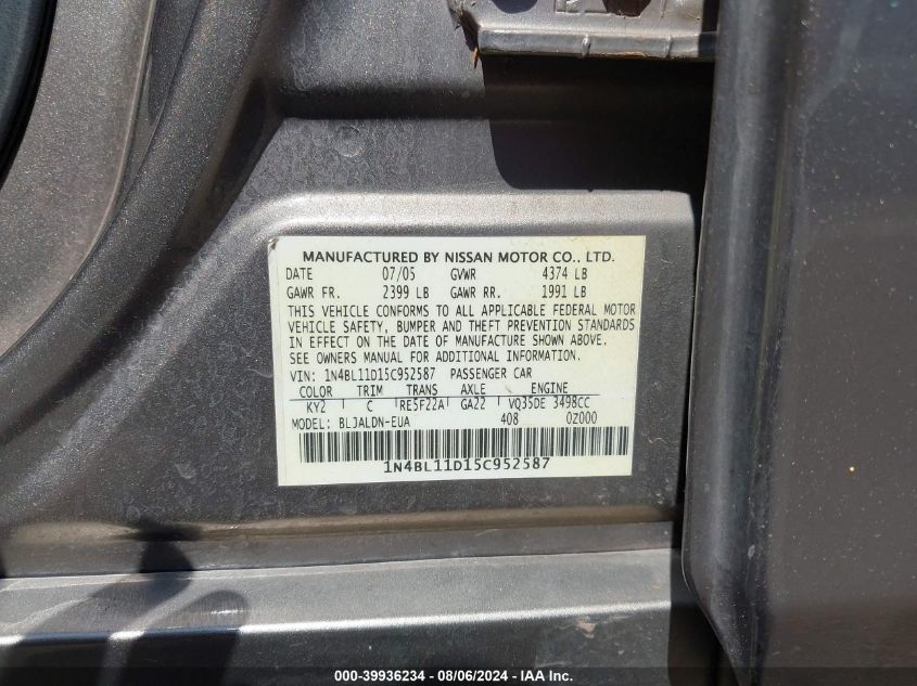 2005 Nissan Altima 3.5 Sl VIN: 1N4BL11D15C952587 Lot: 39936234