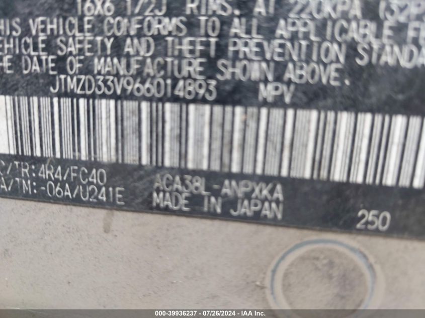 2006 Toyota Rav4 VIN: JTMZD33V966014893 Lot: 39936237