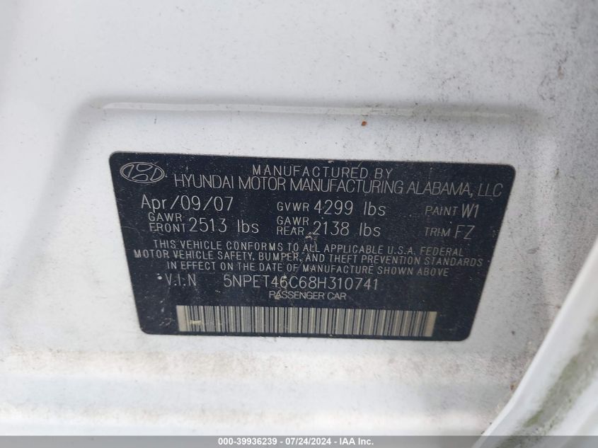 2008 Hyundai Sonata Gls VIN: 5NPET46C68H310741 Lot: 39936239