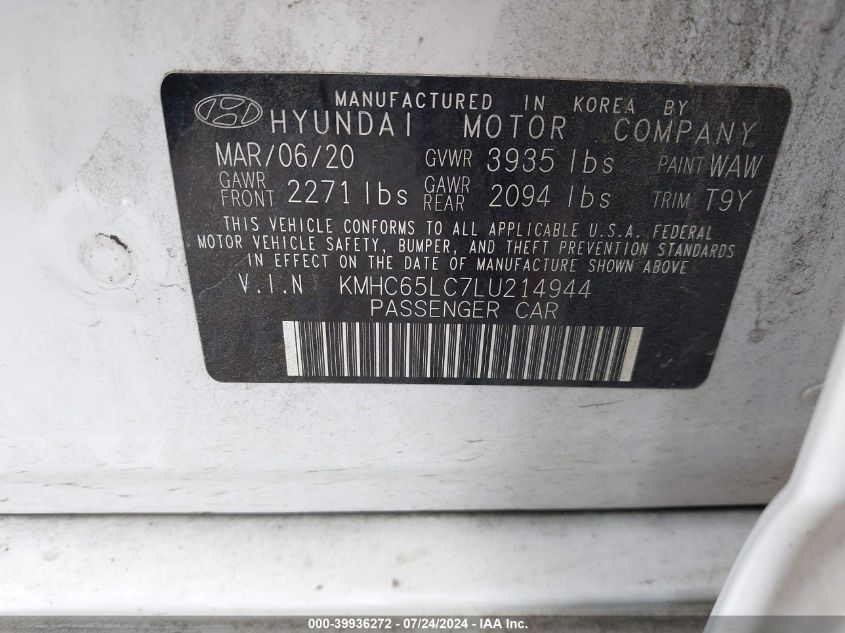 2020 Hyundai Ioniq Hybrid Blue VIN: KMHC65LC7LU214944 Lot: 39936272