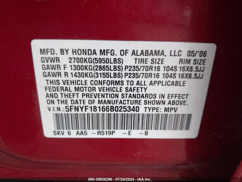 2006 Honda Pilot Lx VIN: 5FNYF18166B025340 Lot: 39936296