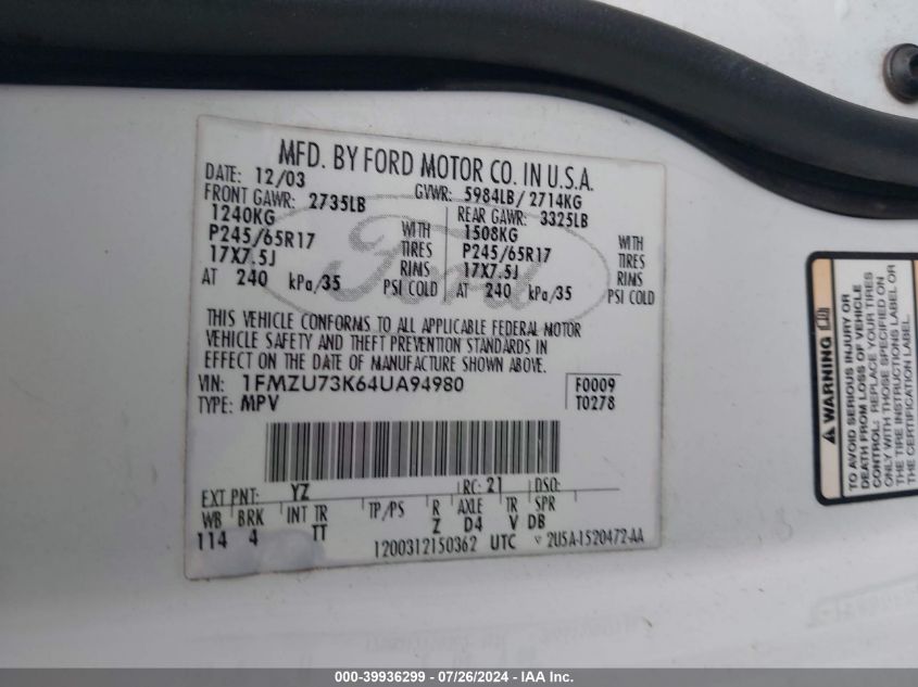 2004 Ford Explorer Xlt/Xlt Sport/Nbx VIN: 1FMZU73K64UA94980 Lot: 39936299