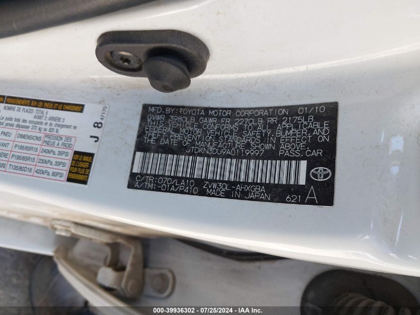 2010 Toyota Prius Iv VIN: JTDKN3DU9A0119997 Lot: 39936302