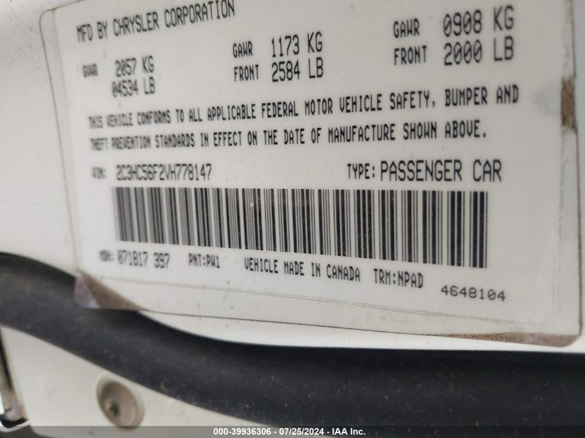 1997 Chrysler Lhs VIN: 2C3HC56F2VH778147 Lot: 39936306