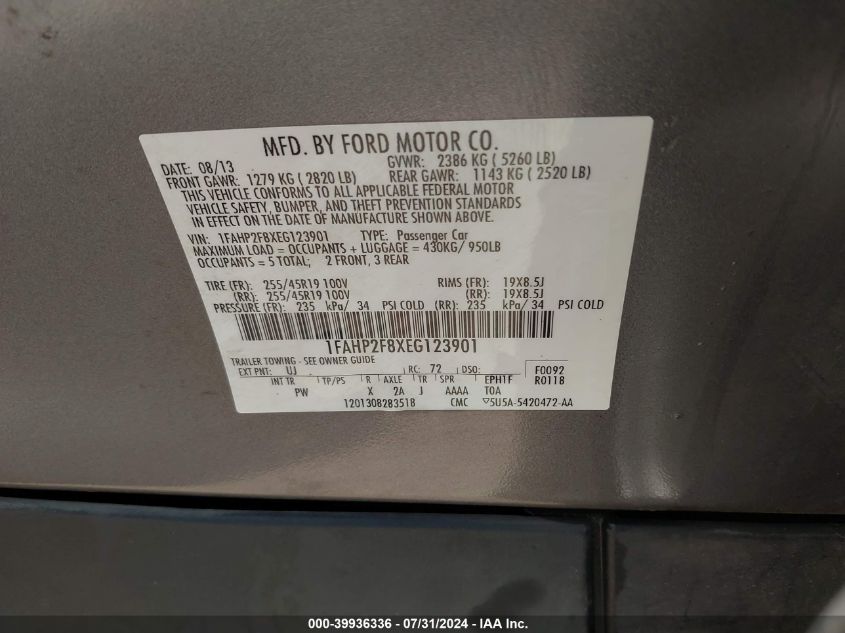 2014 Ford Taurus Limited VIN: 1FAHP2F8XEG123901 Lot: 39936336