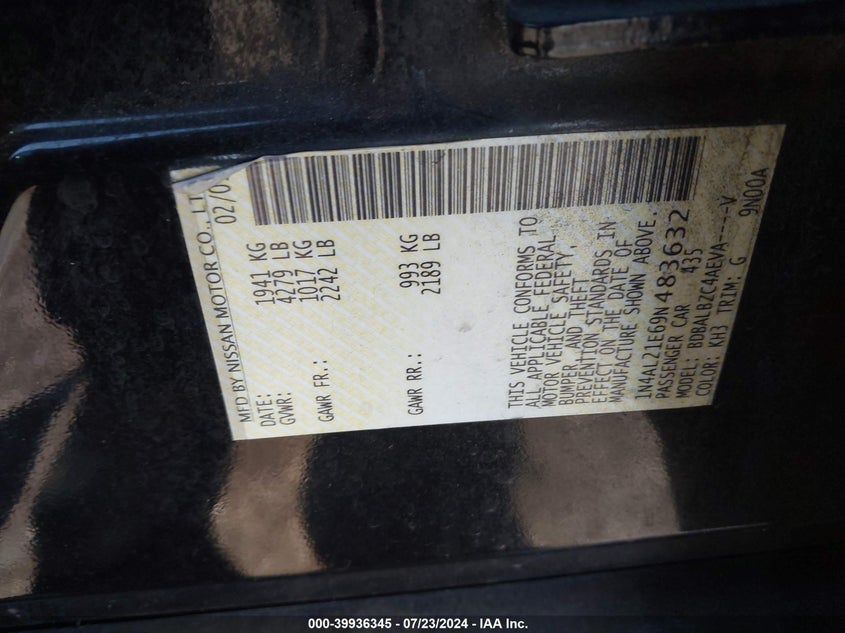 2009 Nissan Altima 2.5 S VIN: 1N4AL21E69N483632 Lot: 39936345