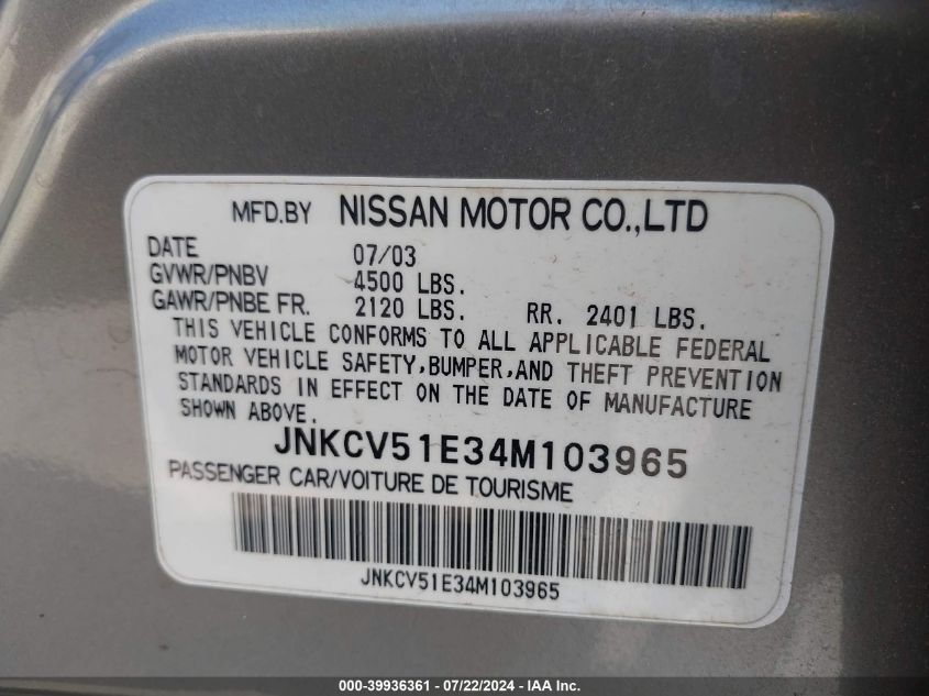 2004 Infiniti G35 VIN: JNKCV51E34M103965 Lot: 39936361