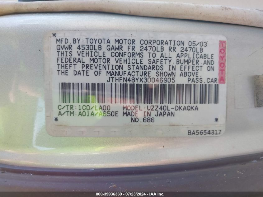 2003 Lexus Sc 430 VIN: JTHFN48YX30046905 Lot: 39936369