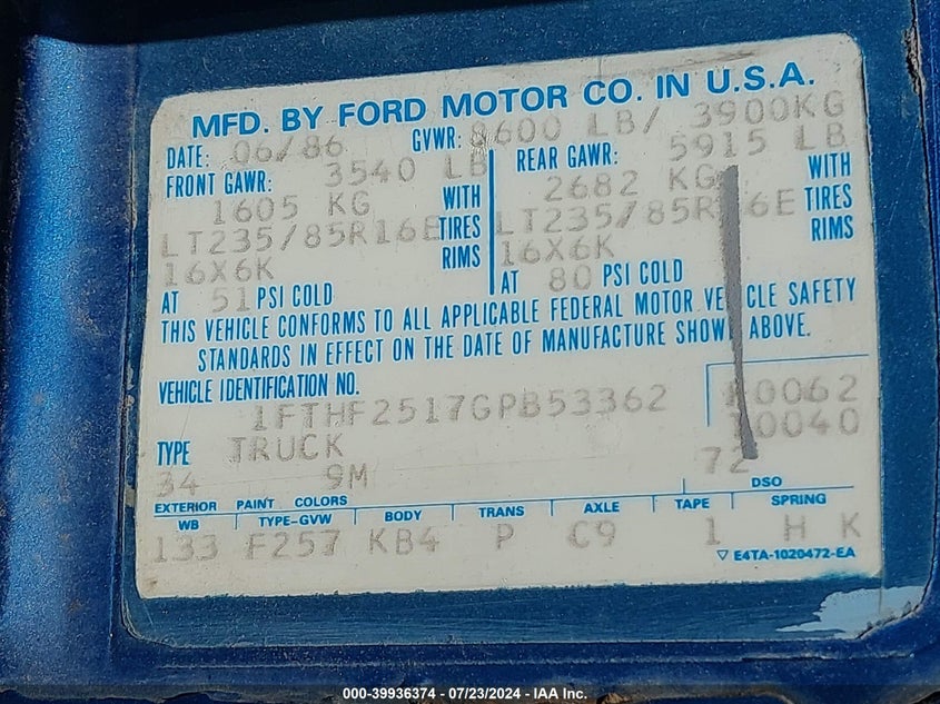 1986 Ford F250 VIN: 1FTHF2517GPB53362 Lot: 39936374