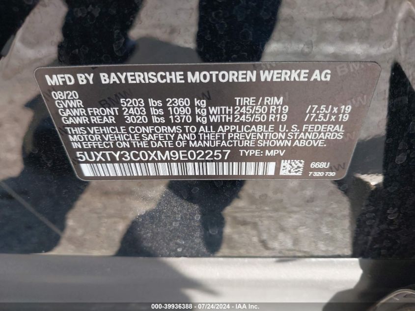 2021 BMW X3 Sdrive30I VIN: 5UXTY3C0XM9E02257 Lot: 39936388