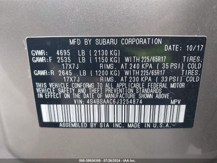 2018 Subaru Outback 2.5I VIN: 4S4BSAAC6J3254874 Lot: 39936389