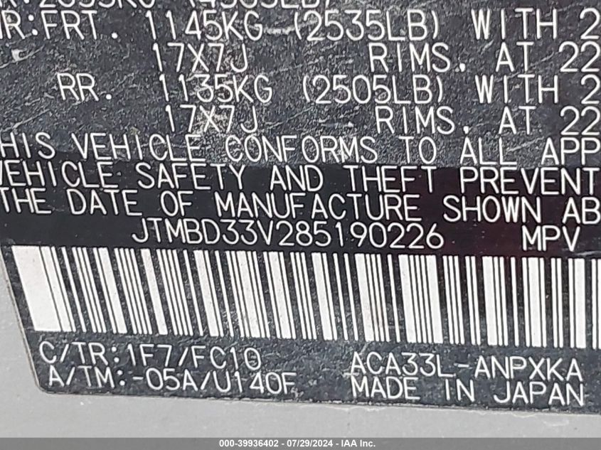 2008 Toyota Rav4 VIN: JTMBD33V285190226 Lot: 39936402