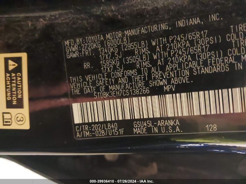 2012 Toyota Highlander Se V6 VIN: 5TDBK3EH7CS138266 Lot: 39936410