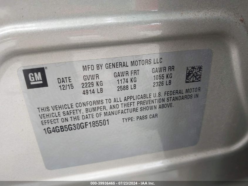 2016 Buick Lacrosse Leather VIN: 1G4GB5G30GF185501 Lot: 39936465